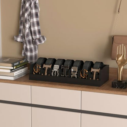 Belt Organizer for Drawer - Bamboo Belt Storage Organizer | Belt Rack for Closet Wall Mount Men Women Tie Sock Bra Scarf Ribbon (Black, 7 Grids)