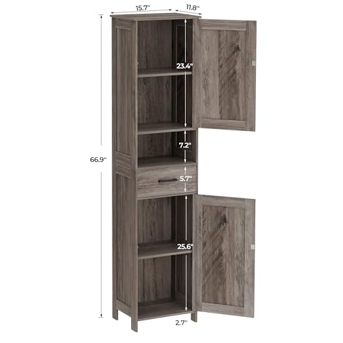 Homhedy 67" H Tall Bathroom Storage Cabinet with Barn Doors and Drawer | Narrow Storage Unit with Adjustable Shelves, Floor Cabinet for Bathroom, Living Room, Entryway or Kitchen, Greige, 15.7" W