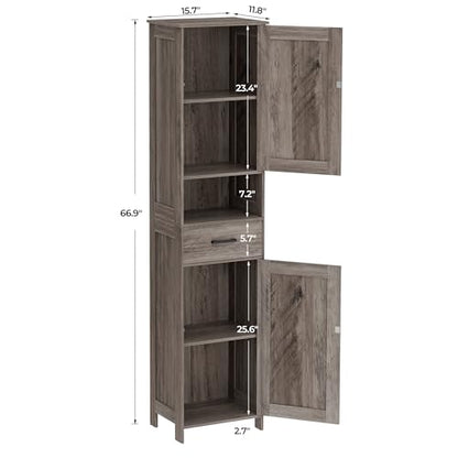 Homhedy 67" H Tall Bathroom Storage Cabinet with Barn Doors and Drawer | Narrow Storage Unit with Adjustable Shelves, Floor Cabinet for Bathroom, Living Room, Entryway or Kitchen, Greige, 15.7" W