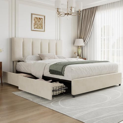 VECELO Queen Size Bed Frame with 4 Storage Drawers, Adjustable Height Headboard, Heavy-Duty Platform Bedframe with Strong Wooden Slats, No Box Spring Needed, Pale Beige