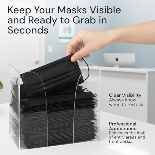 Face Mask Dispenser - Clear Acrylic, Wall Mount | Clear acrylic mask holder & organizer - wall or desk - Use for disposable earloop & medical masks