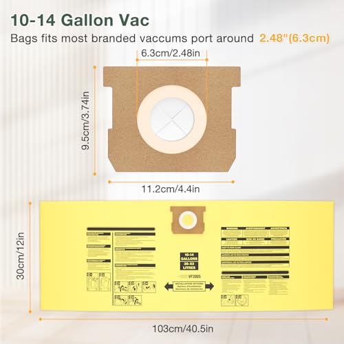 10PCS 10-14 Gallon Vacuum Bags for Shop Vac Bags | Disposable Wet Dry Vaccum Collection Bags, Replace Part Type I #90672 9067200, Type F #90662 9066200 9066233, VF2005 (Yellow)