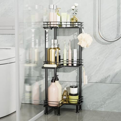 Corner Shower Caddy Standing - 3-Tier Stainless Steel Shower Organizer with Soap Holder and 4 Hooks, Large Capacity Corner Shelf Stand for Bathroom, Rest Room, Black
