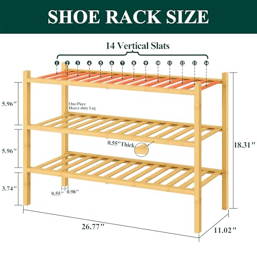 Smiry Bamboo Shoe Rack for Closet, 3 Tier - 26.77" Wide, Natural | Stackable Wooden Shoe Organizer, Wood Shoe Storage Shelf for Entryway, 14 Vertical Slats, Reinforced Legs