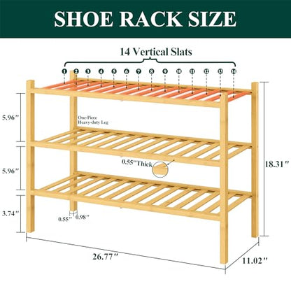 Smiry Bamboo Shoe Rack for Closet, 3 Tier - 26.77" Wide, Natural | Stackable Wooden Shoe Organizer, Wood Shoe Storage Shelf for Entryway, 14 Vertical Slats, Reinforced Legs
