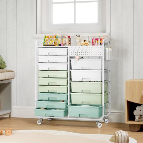 14 Drawer Rolling Storage Cart with Tabletop and Pegboard for Crafts Green | Easy Setup, Large Capacity, Sturdy Build, Smooth Mobility, For classroom, office and dorm supplies