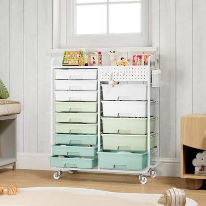 14 Drawer Rolling Storage Cart with Tabletop and Pegboard for Crafts Green | Easy Setup, Large Capacity, Sturdy Build, Smooth Mobility, For classroom, office and dorm supplies