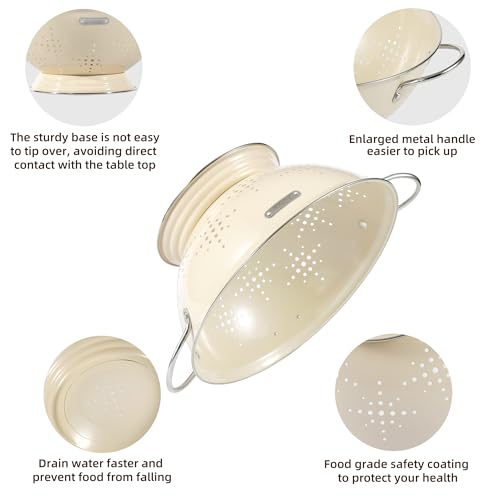 Metal Colander 2 Pack, Strainer Bowel with Handles 2Qt & 6Qt Powder Coated Solid Ring Base Heavey Duty Kitchen Drainer Basket for Pasta Veggies and Fruits,New Home Apartment Essentials (Almond Cream)