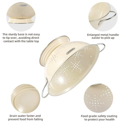 Metal Colander 2 Pack, Strainer Bowel with Handles 2Qt & 6Qt Powder Coated Solid Ring Base Heavey Duty Kitchen Drainer Basket for Pasta Veggies and Fruits,New Home Apartment Essentials (Almond Cream)