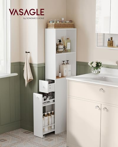 VASAGLE Slim Bathroom Storage Cabinet, Narrow Freestanding Cabinet with Storage Drawers and Adjustable Shelf, for Small Spaces, Modern Style, Cloud White UBBK567T14S