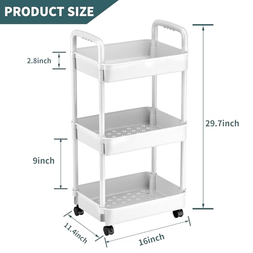 EZ COZY 3 Tier Rolling Cart, Plastic Diaper Cart Organizer with Wheels, Roller Cart for Diapers, Baby Nursery, Kitchen, Bathroom, Living Room and Bedside, White
