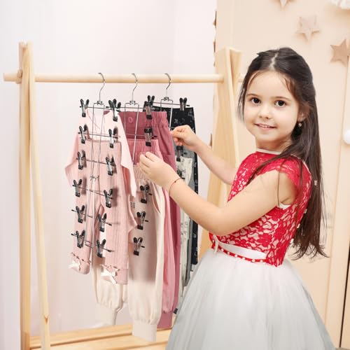 DOIOWN Kids Hangers,6-Tier Space Saving Baby Pants Hangers with Clips | Adjustable Stainless Steel Toddler Hangers for Pants, Skirts and Clothes,Space Saving Kids Closet Organization,Black