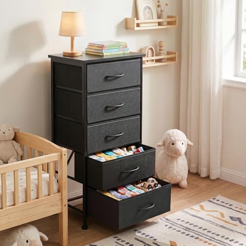 Fixwal Tall Skinny Dresser with 5 Fabric Drawers, Slim Dresser,Black | 33.8in height, 15.7in width, wooden top, breathable non-woven fabric, anti-tipping fittings, stable steel frame