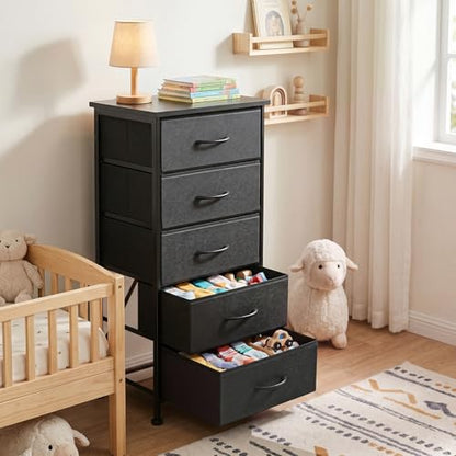Fixwal Tall Skinny Dresser with 5 Fabric Drawers, Slim Dresser,Black | 33.8in height, 15.7in width, wooden top, breathable non-woven fabric, anti-tipping fittings, stable steel frame