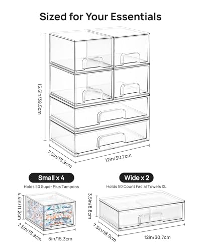 Vtopmart Stackable Storage Drawers Set of 6, Clear Plastic Organizer Bins for Bathroom Supplies, Ideal for Cabinet,Shelf, Pantry, Laundry Room Organization