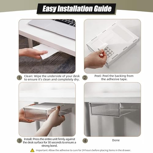 2Pcs Under Desk Storage Drawers Slide Out,Large&Medium,Stick On Drawers,Under Desk Organizer Hidden Under Table Drawer for Home Office School Organization and Storage-Clear White