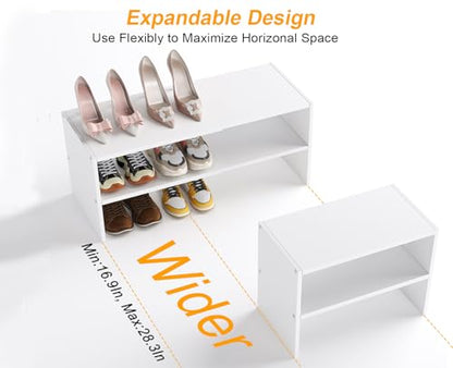 White Shoe Rack Organizer for Closet, 2-Tier Expandable Shoe Shelf, Stackable Iron Wood Combination Small Shoe Racks Shelves for Closets, Entryway,Small Space,Hallway,Bedroom,Bathroom,6-12 Pairs