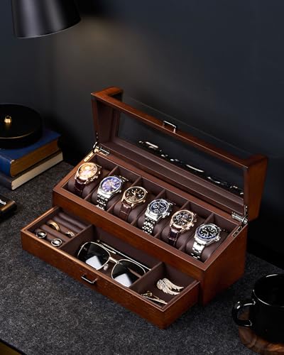 ProCase High End Wooden Watch Box for Men, 2-Layer Wood Watch Display Case Men's Jewelry Organizer Box with Drawer -6 Slot, Walnut
