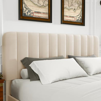 VECELO Queen Size Upholstered Bed Frame with 4 Drawers and Headboard, Velvet Platform Storage Bedframe, Wooden Slats Support, No Box Spring Needed, Beige