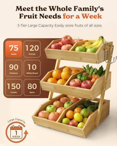 3-Tier Bamboo Fruit Basket with 2 Banana Holders | Large tiered organizer for bread, snacks, veggies. Sturdy bamboo, includes mats & dividers. Easy to assemble.