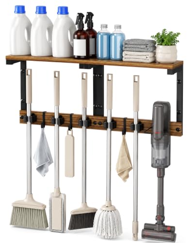 Broom and Mop Holder Wall Mount, 27" Large Organizer with Wood Shelf | Vacuum Holder, 5 Heavy-Duty Grippers, 5 Movable Metal Hooks for Laundry Room, Garage and Utility Closet Organization