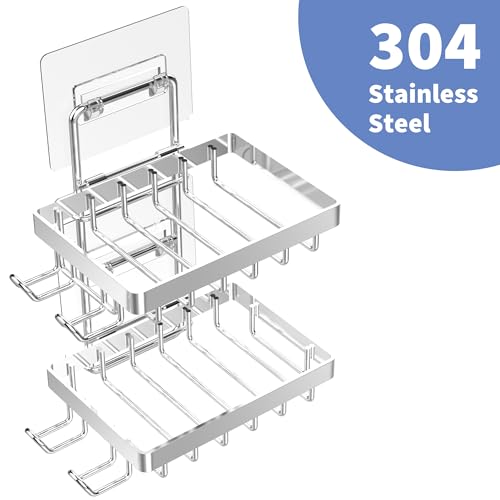 Moforoco Silver Double Soap Bar Holder for Shower, No Drilling Rustproof Stainless Steel, Wall Mounted Soap Holder with 4 Hooks and Razor Holder, Shower Rack Soap Tray Bar Soap for Bathroom & Kitchen