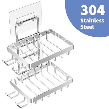 Moforoco Silver Double Soap Bar Holder for Shower, No Drilling Rustproof Stainless Steel, Wall Mounted Soap Holder with 4 Hooks and Razor Holder, Shower Rack Soap Tray Bar Soap for Bathroom & Kitchen