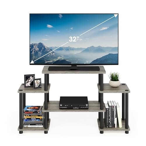 Furinno Turn-N-Tube No Tools Entertainment Center, Round Square Corner, French Oak Grey/Black | Raised Top, Open Shelves TV Console with for TV up to 32 Inch, for Living Room, Bedroom