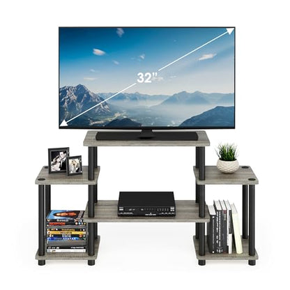 Furinno Turn-N-Tube No Tools Entertainment Center, Round Square Corner, French Oak Grey/Black | Raised Top, Open Shelves TV Console with for TV up to 32 Inch, for Living Room, Bedroom