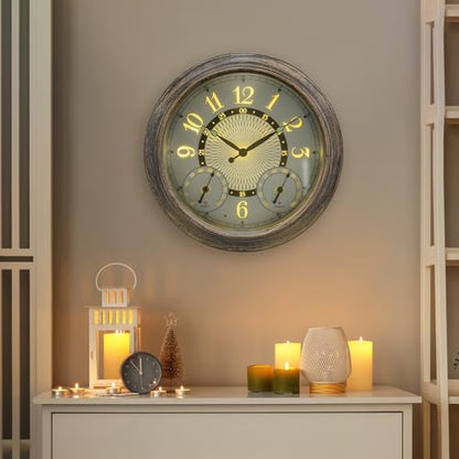 Pytha Sight 15 Inch Metal Illuminated Outdoor Clocks for Patio Waterproof | 15 Inch Large Outdoor Wall Clock Waterproof with Auto Light Smart Sensor,Thermometer & Hygrometer for Patio,Pool,Garden,Porch