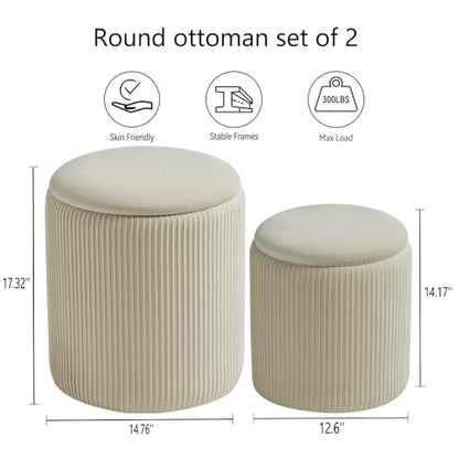 Set of 2 Round Storage Ottoman, White Velvet Ottoman with Storage | Upholstered Padded Vanity Stool, Multifunctional Coffee Table & Foot Rest for Bedroom, Living room with Hidden Storage Space