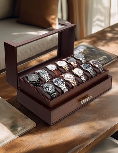 High End Watch Box for Men, 12 Slot Wooden Watch Case With Drawer, Watch Display Box with Glass Lid, 2-Layer Watch Holder for Jewelry and Watch Storage for Men Women , Ideal for Gift (With Gift Box)