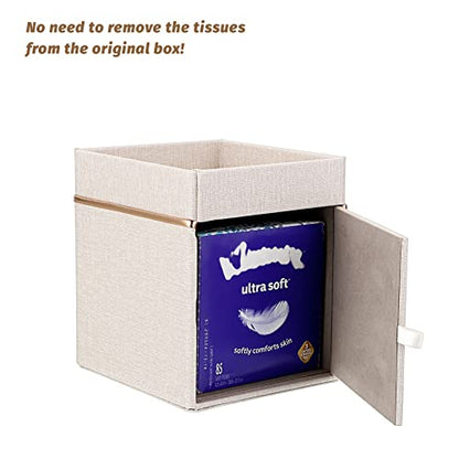 Sumnacon Linen Square Tissue Box Cover - Decorative Cube Tissue Box Holder with Tray, Stylish Tissue Box for Bathroom Toilet Tank Vanity Dresser Table Office Bar Restaurant, Beige