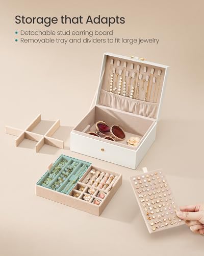 SONGMICS 2-Layer Jewelry Box Organizer, Jewelry Storage Case with Removable Tray and Handle, for Necklaces, Earrings, Rings, Bracelets, 6.7 x 8.1 x 3.7 Inches, Gift Idea, Cream White UJBC208WD01