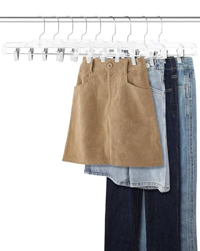 Pants-Hangers-with-Clips-30-Pack, 14 Inch Clear-Plastic-Skirts-Hangers-with-Adjustable-Clips for Shorts Jeans Trousers, Clothes-Hangers Non-Slip Clip-Hangers