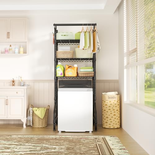 U11 Mini Over Washer and Dryer Shelves, 3 Tiers Laundry Room Storage and Organizer Standing Shelf, Metal Freestanding Clothes Drying Rack, 28.3”W x 19.7”D x 77.6”H, Black
