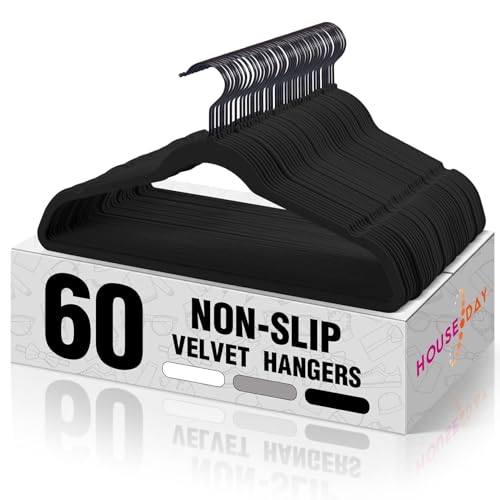 HOUSE DAY Black Velvet Hangers 60 Pack, Non Slip Felt Hanger, Slim Velvet Clothes Hangers for Suits, Shirt, Heavy Duty Coat Hanger for Closet | Slim Velvet Clothes Hangers for Suits, Shirt, Heavy Duty Coat Hanger for Closet