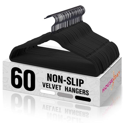 HOUSE DAY Black Velvet Hangers 60 Pack, Non Slip Felt Hanger, Slim Velvet Clothes Hangers for Suits, Shirt, Heavy Duty Coat Hanger for Closet | Slim Velvet Clothes Hangers for Suits, Shirt, Heavy Duty Coat Hanger for Closet