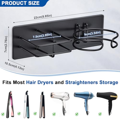 Hair Dryer and Straightener Holder Wall Mounted, Self Adhesive Blow Dryer and Flat Iron Storage Hair Tool Organizer for Bathroom Vanity (Black)