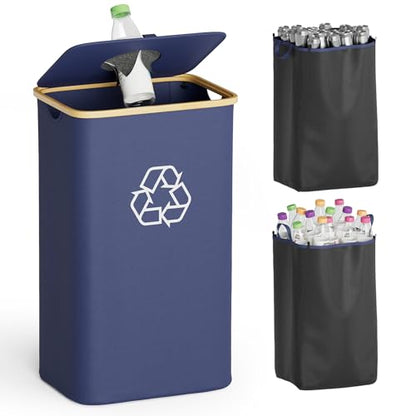 SpaceAid Recycling Bin for Kitchen 26 Gallon, 100L Recycle Bin with Lid and 2 Reusable Inner Bags, for Bottle Can Glass Plastic Stickers, Blue