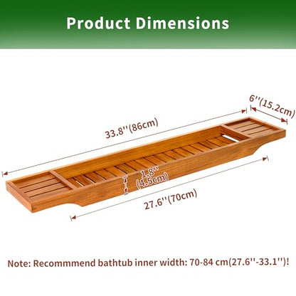 VaeFae Non-Expandable Teak Bathtub Tray, 33.8" x 6" x 1.8" | Bath Tub Wood Table for Tub, Wood Bath Table for Reading, Wine, Spa Gift for Women, Wooden Bathroom tray