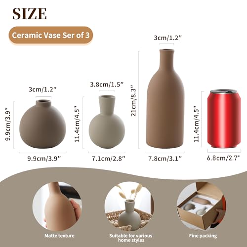 Ceramic Vase Set of 3, Vases Home Decor Rustic Farmhouse Decorative Vase Pottery Vases for Bouquet Pampas Grass Dried Fresh Flowers, Table Living Room Kitchen Bedroom Bathroom - Brown