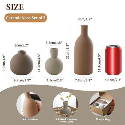 Ceramic Vase Set of 3, Vases Home Decor Rustic Farmhouse Decorative Vase Pottery Vases for Bouquet Pampas Grass Dried Fresh Flowers, Table Living Room Kitchen Bedroom Bathroom - Brown