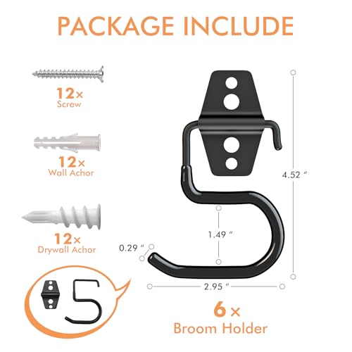 Broom Holder Wall Mount, 6 Pack Tool Hangers Garage Wall Hanging Organizer | Heavy Duty Rubber Coated Steel, Large S Garage Hooks for Mop Shovel Rake Shed Garden Lawn Yard Handle Tools Organization