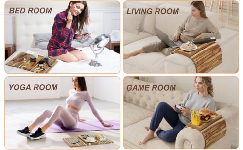 ZUJJAFY Sofa Arm Tray, Acacia Wood Folding Couch Armrest Table, Anti-Falling Armrest Tables Cup Holder for Snacks, Drinks, Beers, Phone, Control, Flexible and Portable, Anti-Slip Bottom