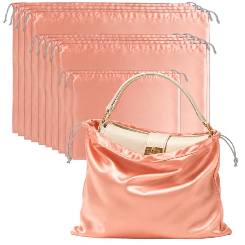 10Pcs Dust Bags for Handbags and Purses,Silk Dust Cover Storage Bag | Drawstring Purse Dust Bag Organizer,Travel Storage Pouch for Handbag Purse Shoes Boots,3 Sizes(Pink)