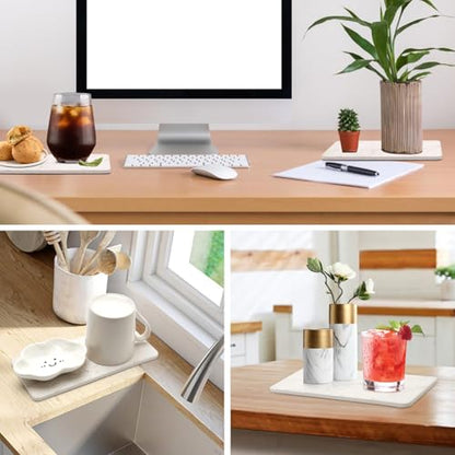 2 Water Absorbing Stone Drying Trays for Bathroom Sink Kitchen Soap Counter | Soap Dish Dispenser Sponge Holder White Ceramic Bathroom Vanity Quick Dry Stone Mat for Kitchen Sink Marble Diatomite Tray