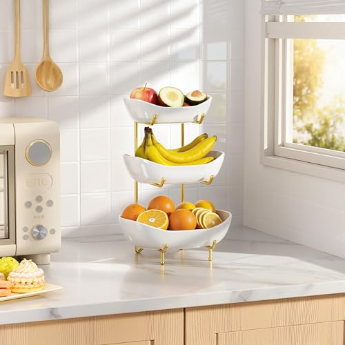 Ceramic 3 Tier Fruit Bowl, Fruit Basket for Kitchen Counter, Gold | Space-saving countertop fruit holder for vegetables, snacks, bread, candy, nuts, cakes and desserts; dishwasher-safe ceramic