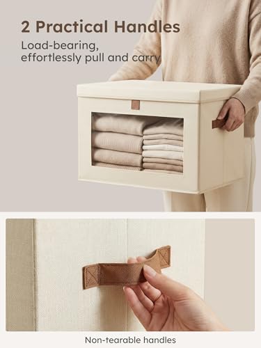 Large Closet Storage Organizer - Clothes Storage Bins with Handles & Window, Collapsible Decorative Boxes with Lids, Fabric Containers for Living Room, Dorm, 2 Pack, Beige