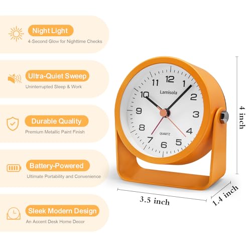 Lamisola 3.5 Inch Bathroom Clock, Small Alarm Clock for Bedroom, Orange | Battery Travel Desk Table Analog Clock for Kids Seniors Teens, Retro Cute Metal Home Decor Shelf Clock, Night Light Snooze